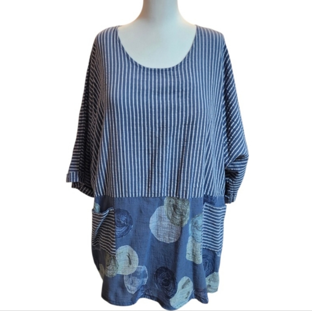 🇮🇹Made In Italy, 100% Cotton, Blue Striped & Print Relaxed Fit Tunic Top - Picture 9 of 10